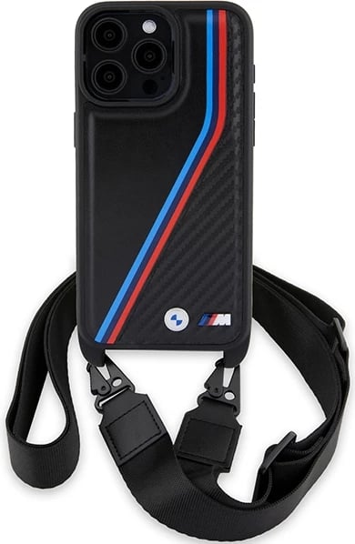 Mbështjellës BMW M Edition Carbon Tricolor Lines & Strap për iPhone 15 Pro, i zi