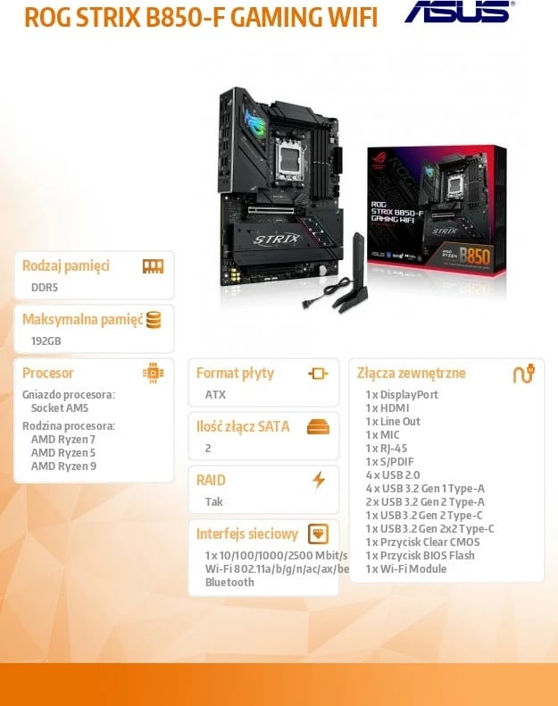Pllakë amë Asus ROG STRIX B850-F GAMING WIFI, Socket AM5, ATX, e zezë Pllakë amë Asus ROG STRIX B850-F GAMING WIFI, Socket AM5, ATX, e zezë