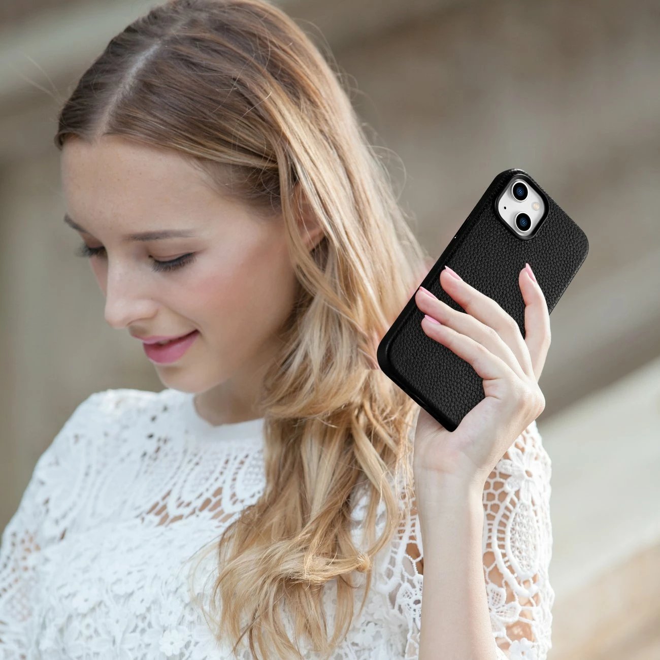 Mbështjellës iCarer Litchi Premium për iPhone 14, lëkurë natyrale, MagSafe, i zi