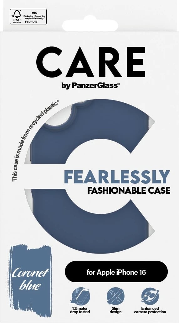 Mbështjellës PanzerGlass CARE Case Fashion Blue për iPhone 16, silikon, blu