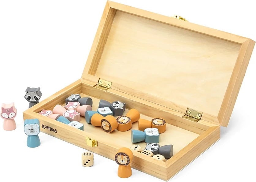 lojë tavoline druri, Viga, Mos u Zemëro, set me 16 figura kafshësh dhe 4 zara, kuti druri, multikolor