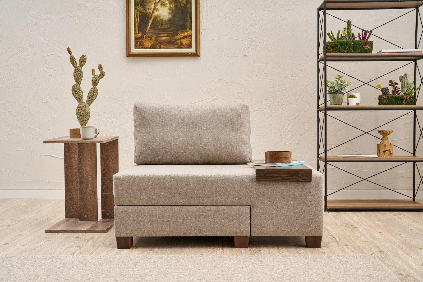 Krevat-sofa një vendësh, liri krem, Perenna, kënd i djathtë