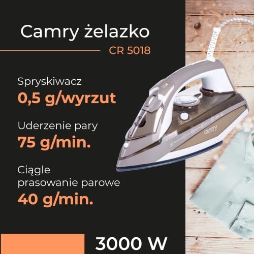 Hekur me avull, Camry CR5018, 3000W, shollë qeramike, depo 320 ml, kordon 1.9 m, ar