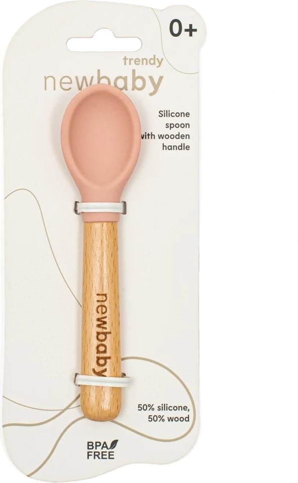 lugë bebi silikoni New Baby Trendy 14 cm BPA-free me dorezë druri me kuti ruajtëse rozë