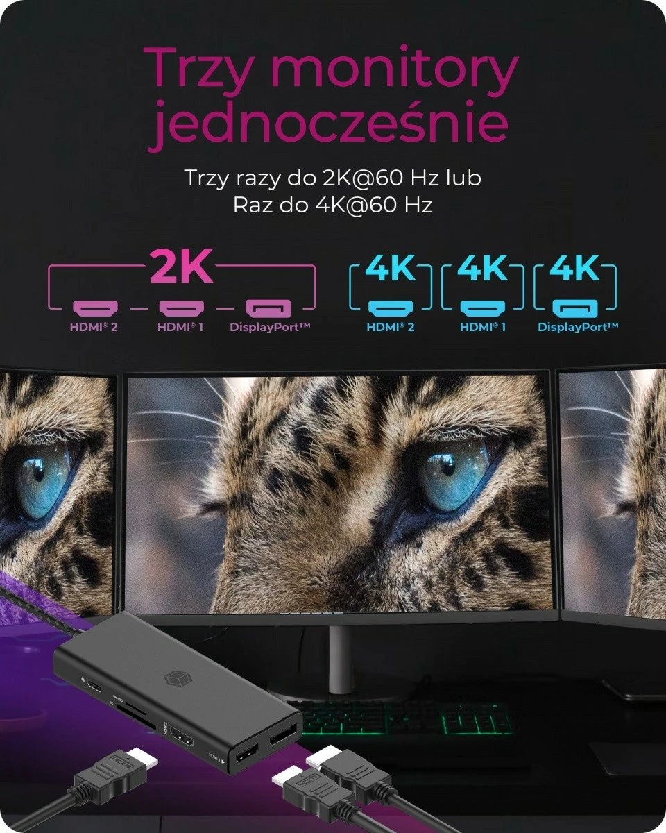 Docking station IcyBox IB-DK4011-CPD, 9-në-1, HDMI, DP, USB Type-C, e zezë