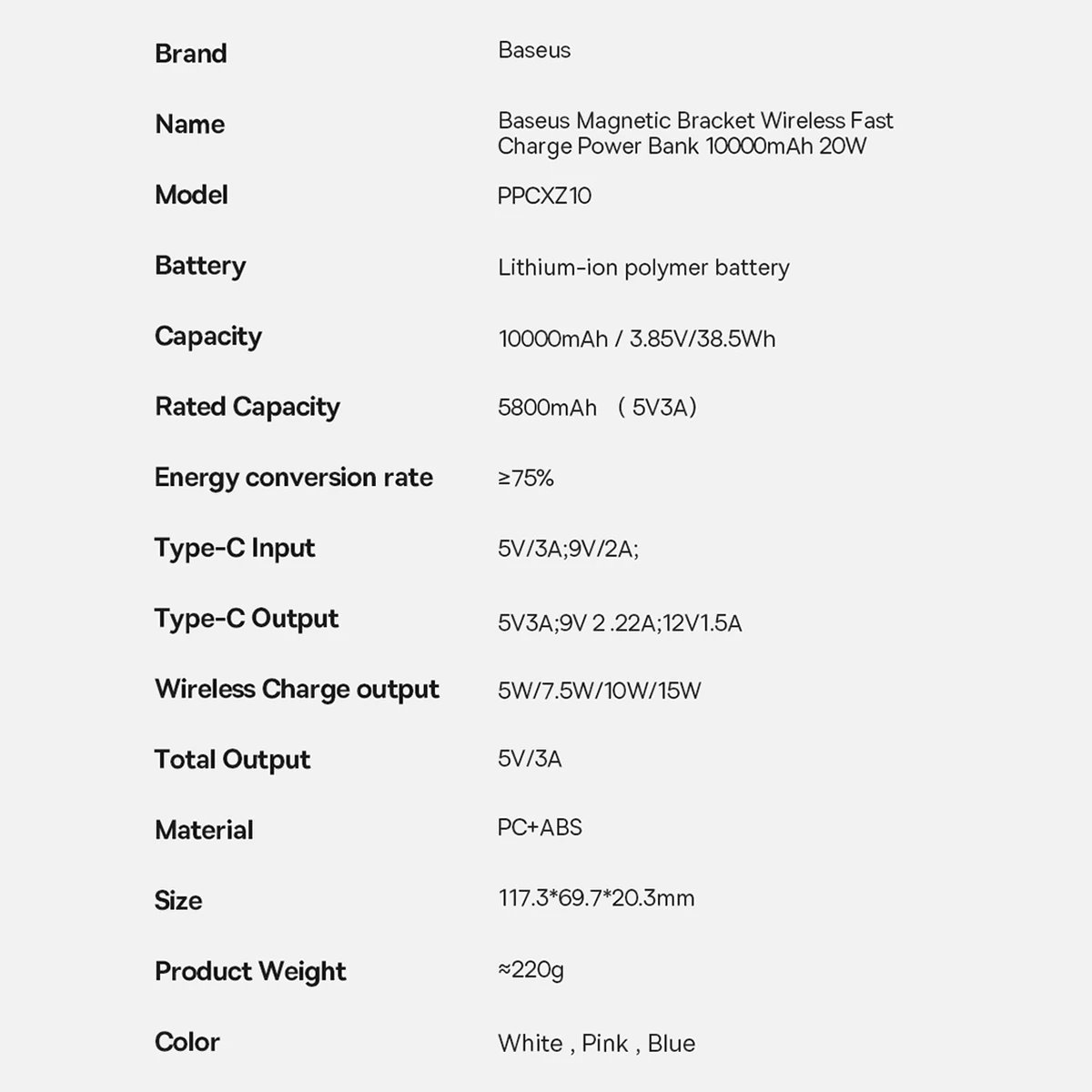 Powerbank Baseus Magnetic Bracket PPCX000203, 10000mAh, MagSafe, 20W, me kabllo USB-C 0.5m, Kaltër e errët