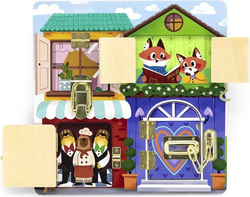 Lojë edukative druri, Viga, Locking and Unlocking, tabelë sensoriale me 4 dyer e bravë të ndryshme, 300x300 mm, Multingjyrës