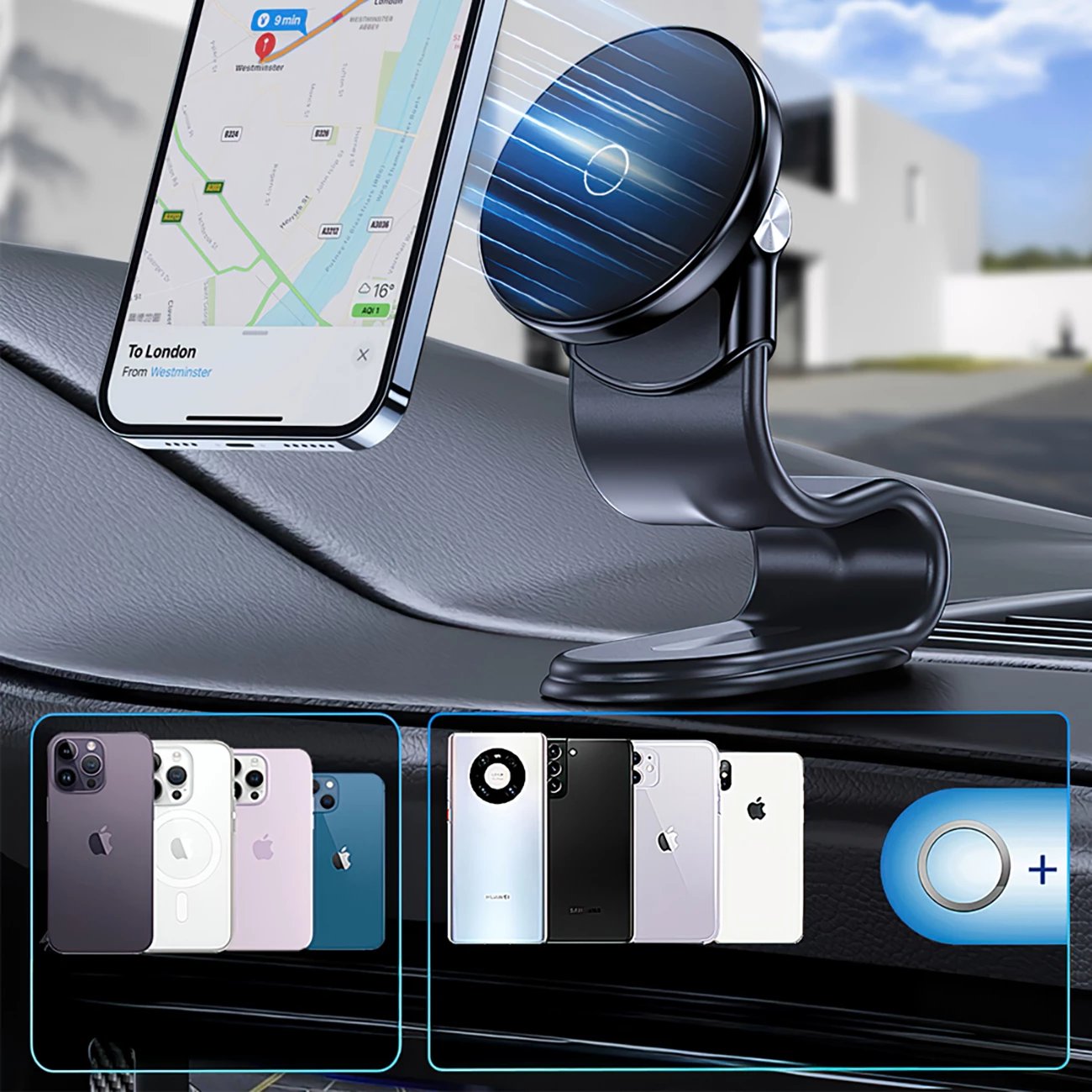 Mbajtës magnetik për makinë Wozinsky WCZ2Y2S me karikues wireless MagSafe 15W, i zi