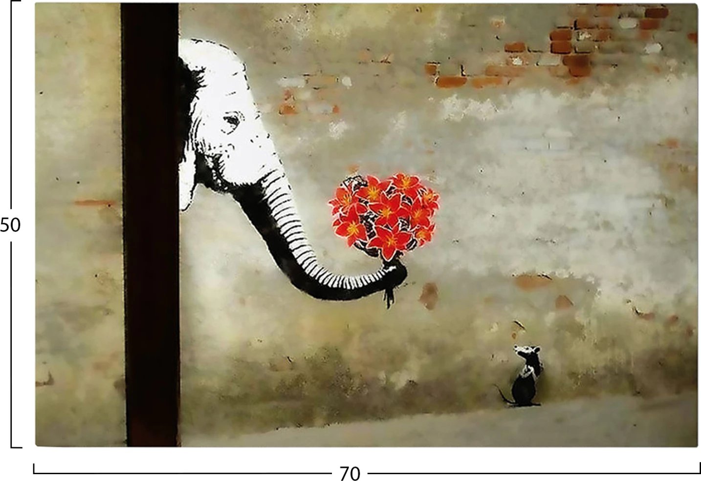 Pikturë muri GOBI, elefant me lule të kuqe, kornizë druri, 70x3x50cm