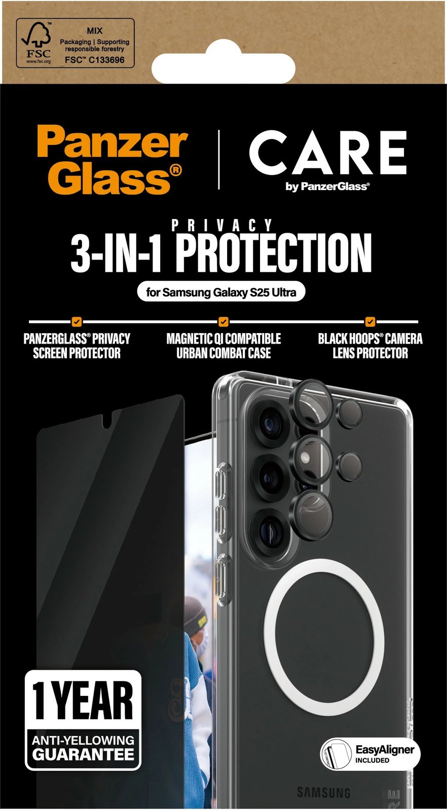 Mbështjellës PanzerGlass CARE Flagship 3-in-1 për Samsung Galaxy S25 Ultra, transparent