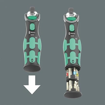 Set veglash Wera 8009 Zyklop Pocket 4, 1/4", me kasë, e zezë/e gjelbër