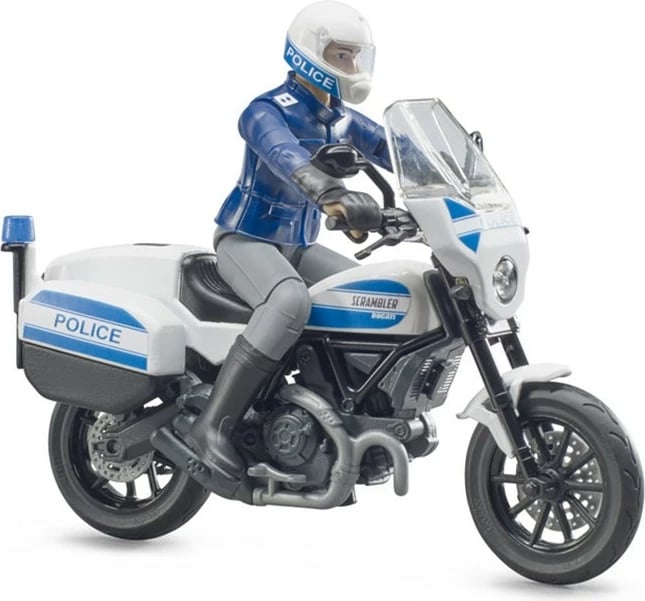 Lodër motor policie BRUDER Scrambler Ducati me polic, 1:16, Bardhë/Kaltër