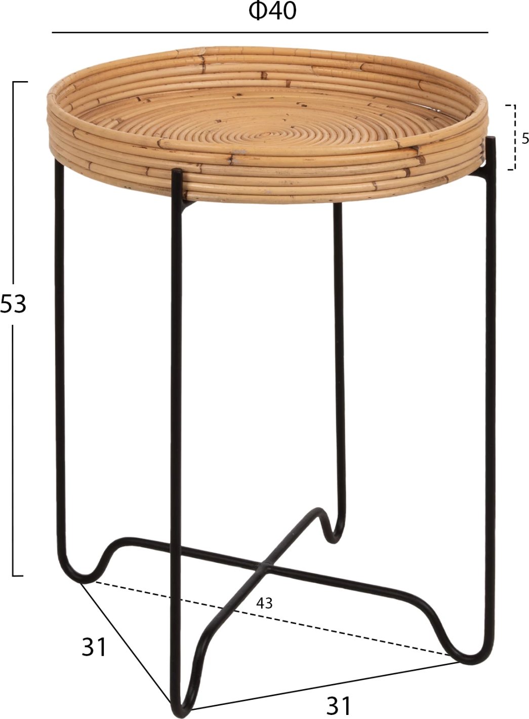 Tavolinë anësore rrethore FLY, rattan natyral, bazë metalike e zezë, Φ40x53H cm