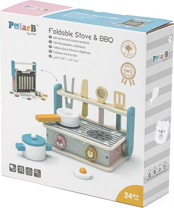 Mini kuzhinë druri, Viga, sobë palosëse me tigan e tenxhere, aksesorë lojë imagjinare 2+ vjeç, multikolor, set