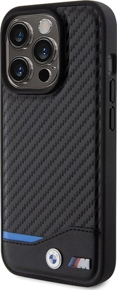 Mbështjellës BMW Leather Carbon për iPhone 15 Pro, i zi