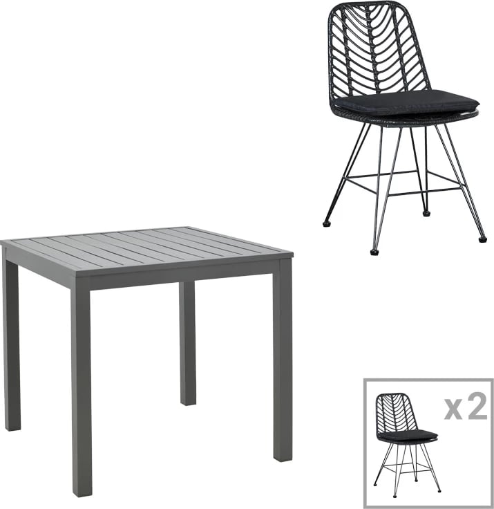 Set tavoline me dy karrige Kliton-Naoki, alumin dhe metal, anthracite e zezë, 80x80x74cm