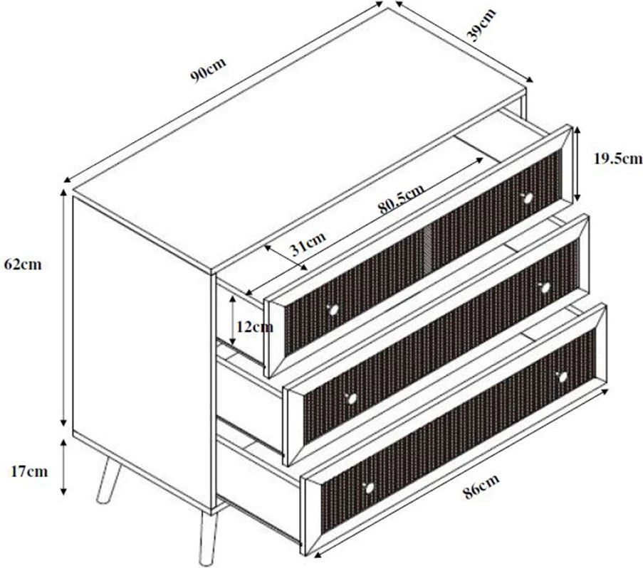 Komodë Ammos me 3 sirtarë, natyrale me ratan, 90x39x79cm