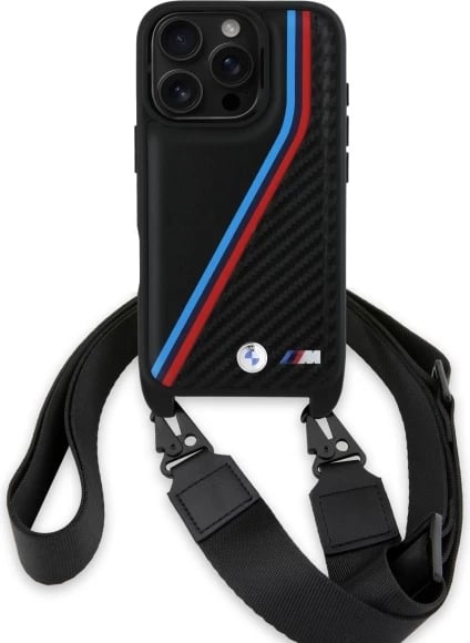 Mbështjellës BMW M Edition Carbon Tricolor Lines me rrip, për iPhone 16 Pro, i zi