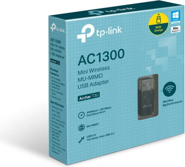 Adapter Wi‑Fi USB, TP-Link Archer T3U, AC1300 dual-band MU-MIMO, USB 3.0, e zezë
