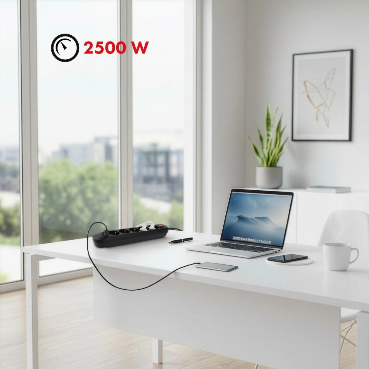 Zgjatues shumëprizash Maclean MCE395 B 5xSchuko 3xUSB 2.1A 2500W 1.5 m, i zi