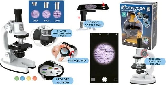 Mikroskop edukativ ASKATO 124582 me mbajtëse telefoni, 3 zmadhime, 4 filtra ngjyrash, plastikë