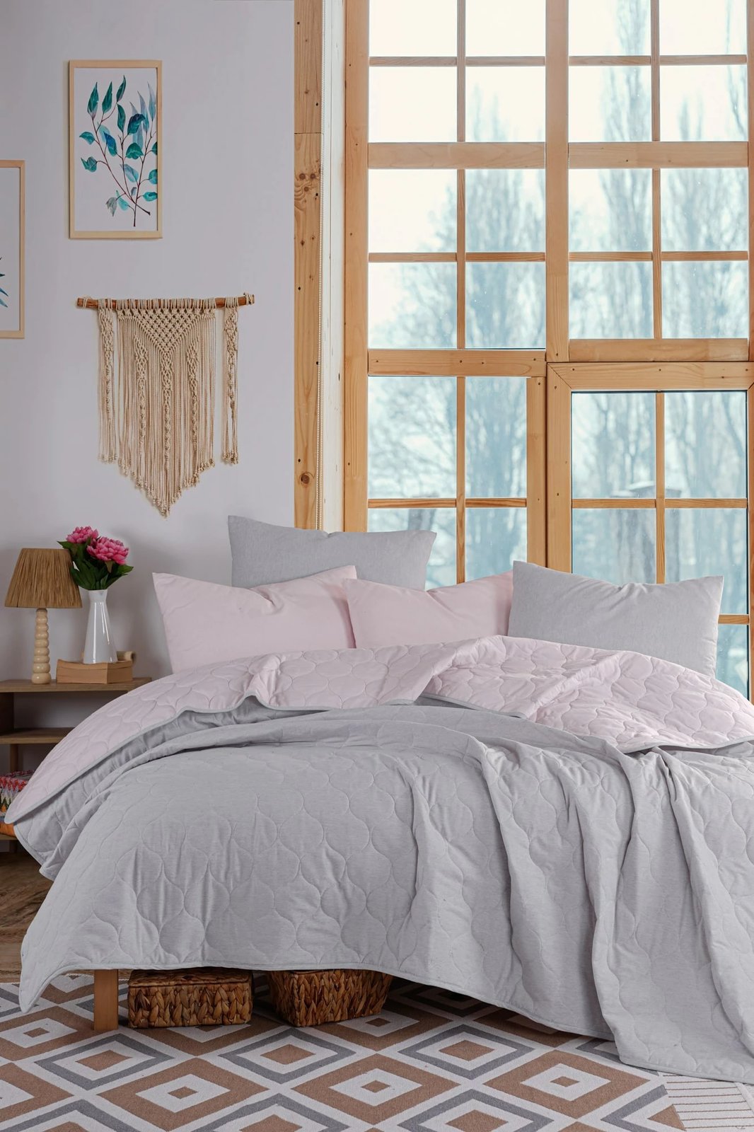 Set mbulesë krevati king, i qepur, ngjyrë pluhur dhe gri, L'essentiel