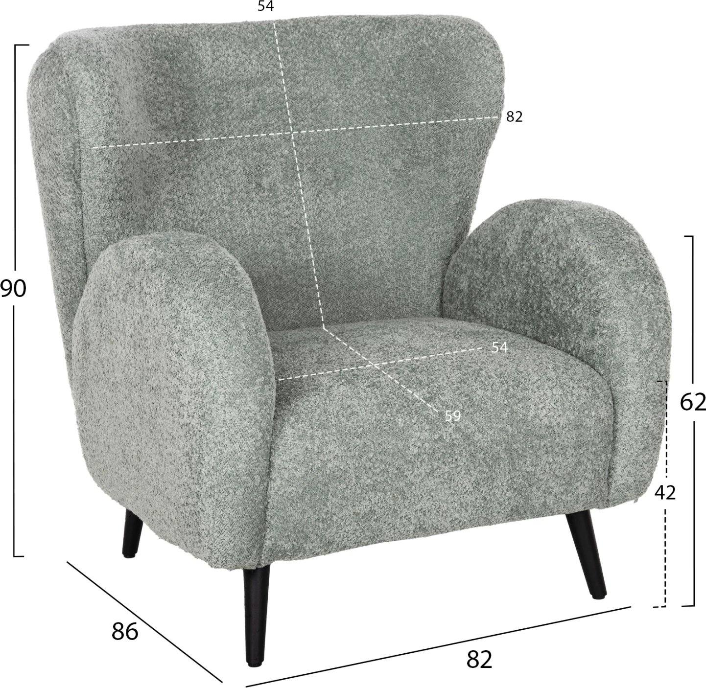 Fotelje KRYLY FH9593.05, ngjyrë jeshile bizele, pëlhurë boucle, këmbë druri të zeza, 83x87x89H cm