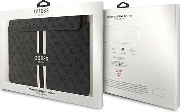 Mbështjellës laptopi Guess 4G Printed Stripes, deri 14", lëkurë eko, e zezë