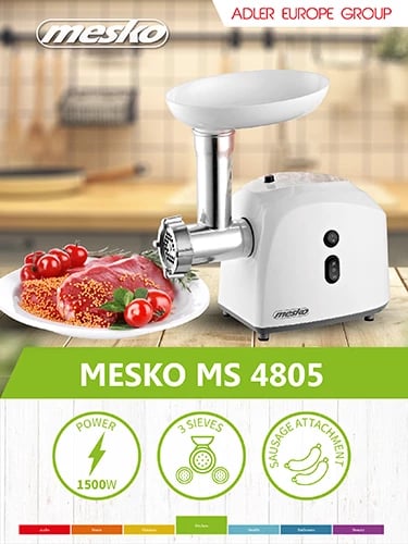 Grirëse mishi, Mesko MS 4805, 600 W (1500 W max), 3 sita 3/5/7 mm, rikthim, mbushës salsiçe, e bardhë Grirëse mishi, Mesko MS 4805, 600 W (1500 W max), 3 sita 3/5/7 mm, rikthim, mbushës salsiçe, e bardhë