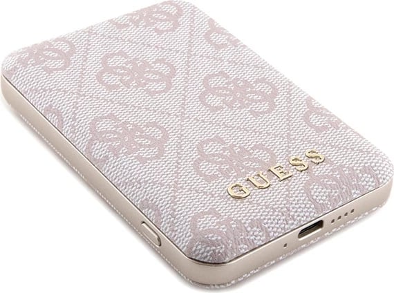 Mbështjellës Guess 4G Metal Logo me powerbank MagSafe 5000mAh për iPhone 14 Pro, Rozë, Set