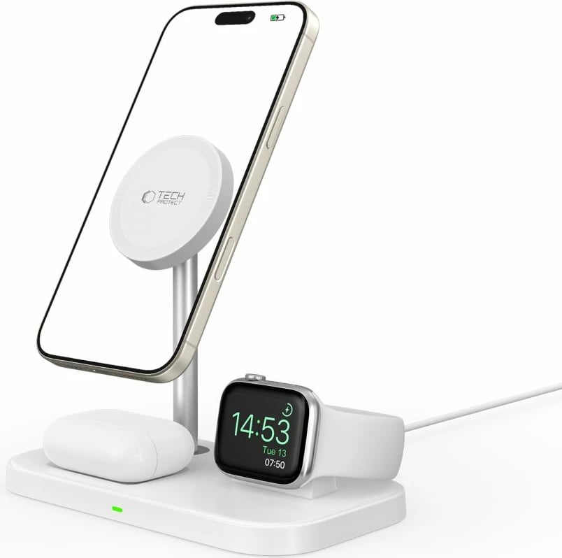 Karikues induktiv 3-në-1 Tech-Protect QI15W-A22 me MagSafe, për smartphone, Apple Watch dhe AirPods, Bardhë
