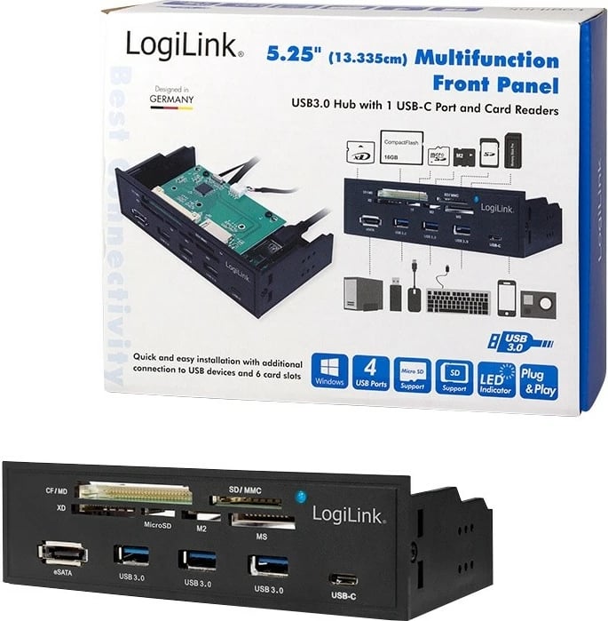 Panel multifunksional 5.25" LogiLink UA0341 me lexues kartash, 3x USB 3.0, USB-C, eSATA, i zi