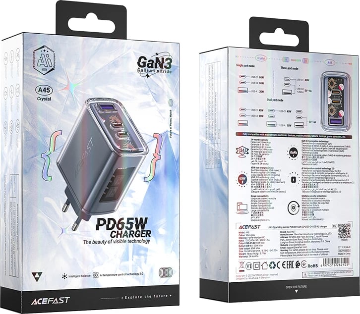 Karikues muri Acefast A45, GaN, 65W, 3 porta (2xUSB-C, 1xUSB), Gri