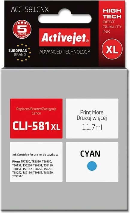 Toner zëvendësues Activejet ACC-581CNX për printer Canon, 11.7ml, i kaltër