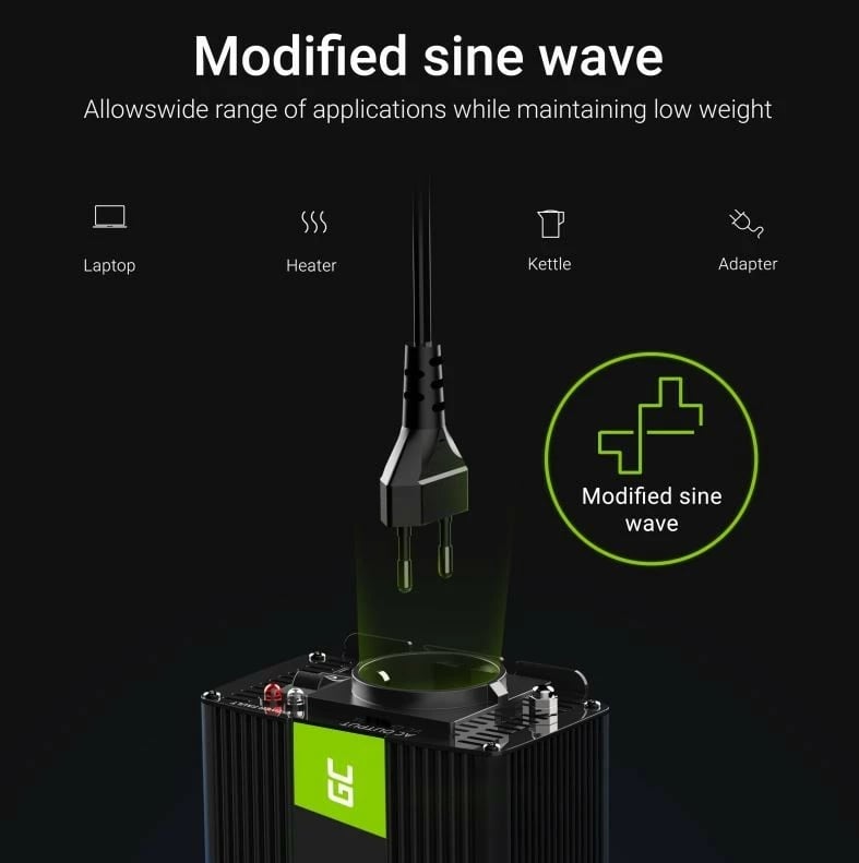 Invertor energjie Green Cell INV08, 12V në 230V, 1000W/2000W, i zi