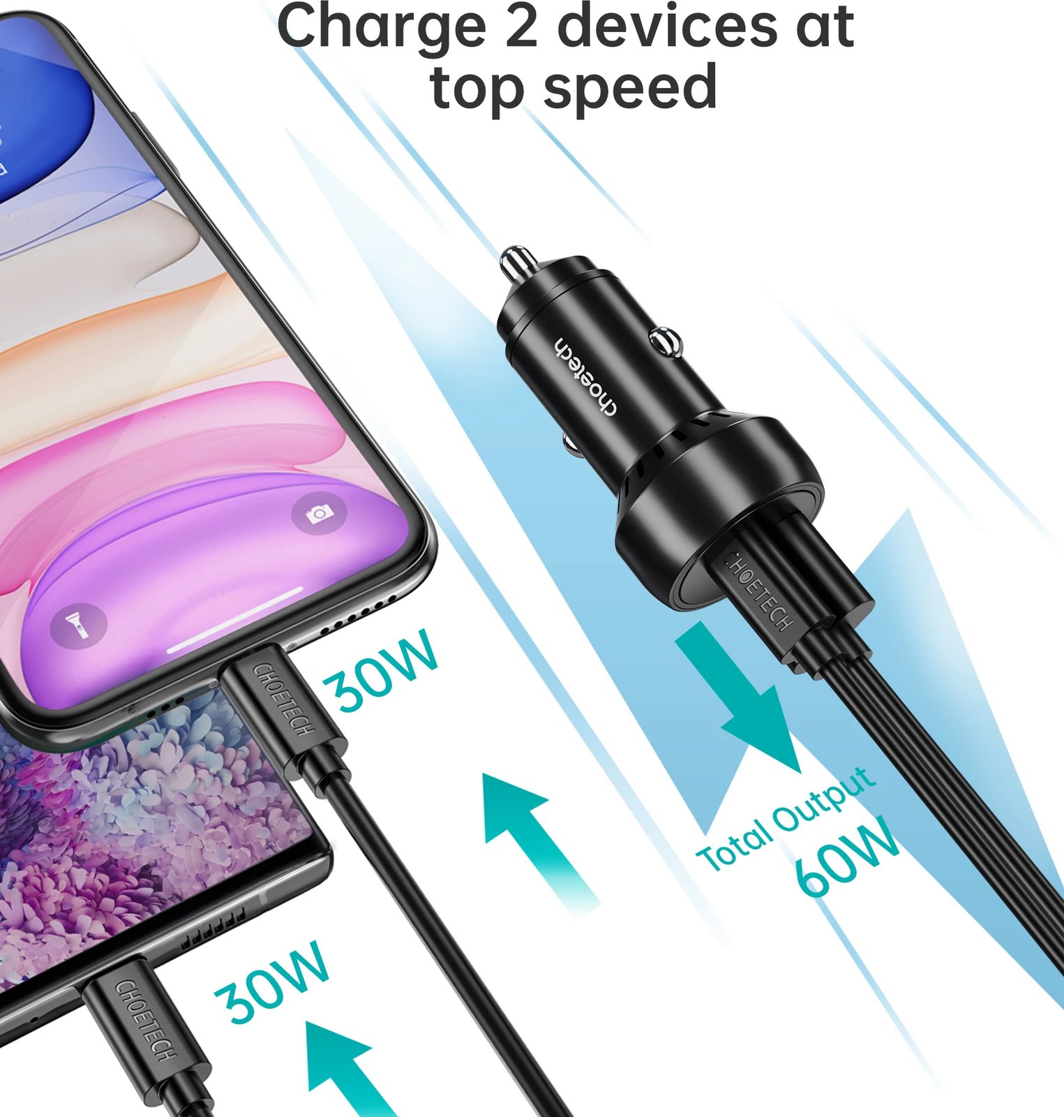 Karikues veture Choetech TC0014, 60W, 2 porte USB-C/USB-A, i zi