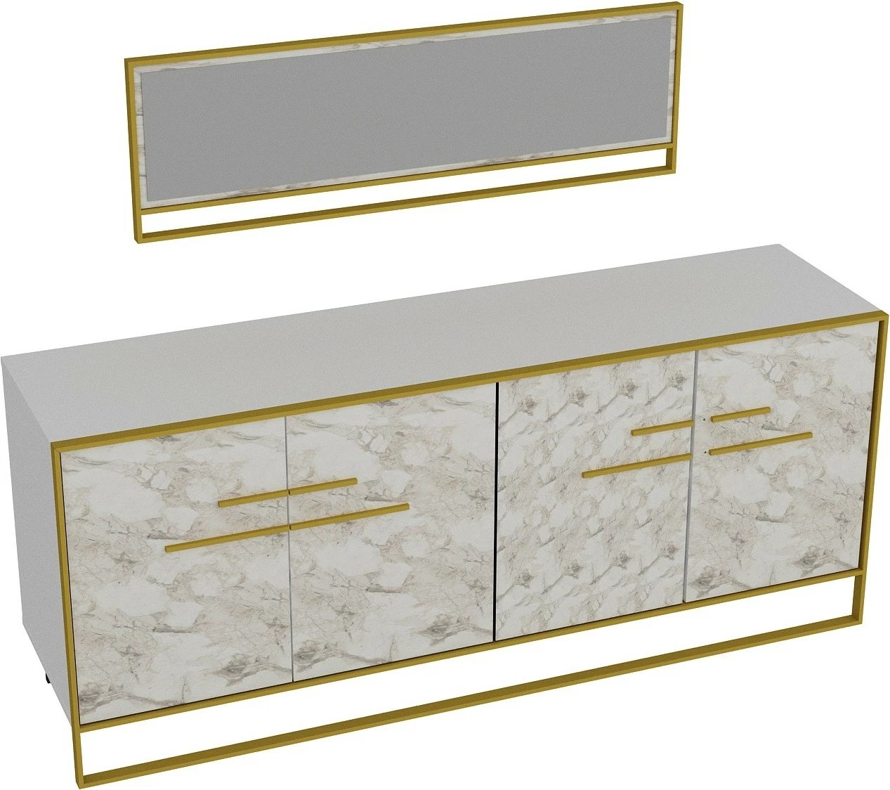 Konsolë me pasqyrë, model Polka, ngjyrë e bardhë dhe ari