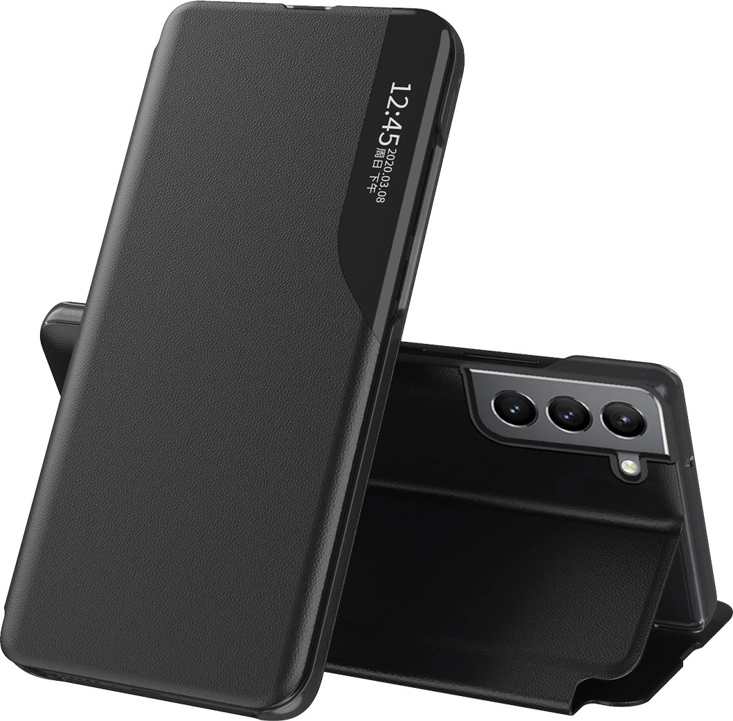 Mbështjellës Hurtel Eco Leather View Case për Samsung Galaxy S22+, me kapak dhe qëndrim, i zi
