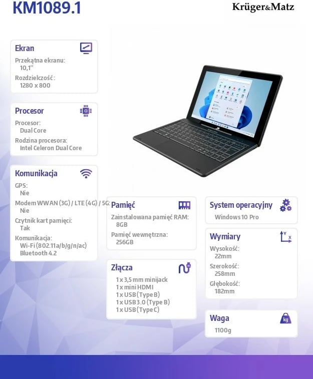 Tablet 2n1 Kruger & Matz EAGLE 1089, 10.1", Intel Celeron N4020, 8 GB RAM, 256 GB, Windows 11 Pro, e zezë