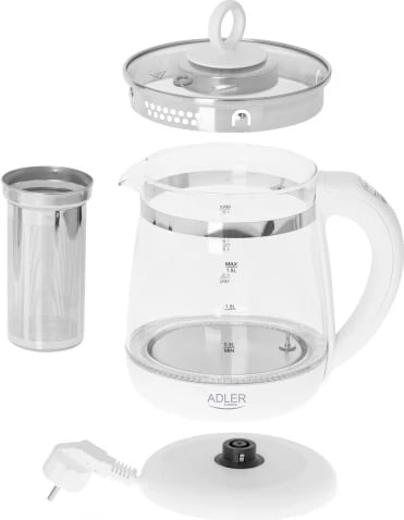 Zierëse uji qelqi Adler AD 1299 1.5 L me kontroll temperature dhe infuzor çaji, e bardhë