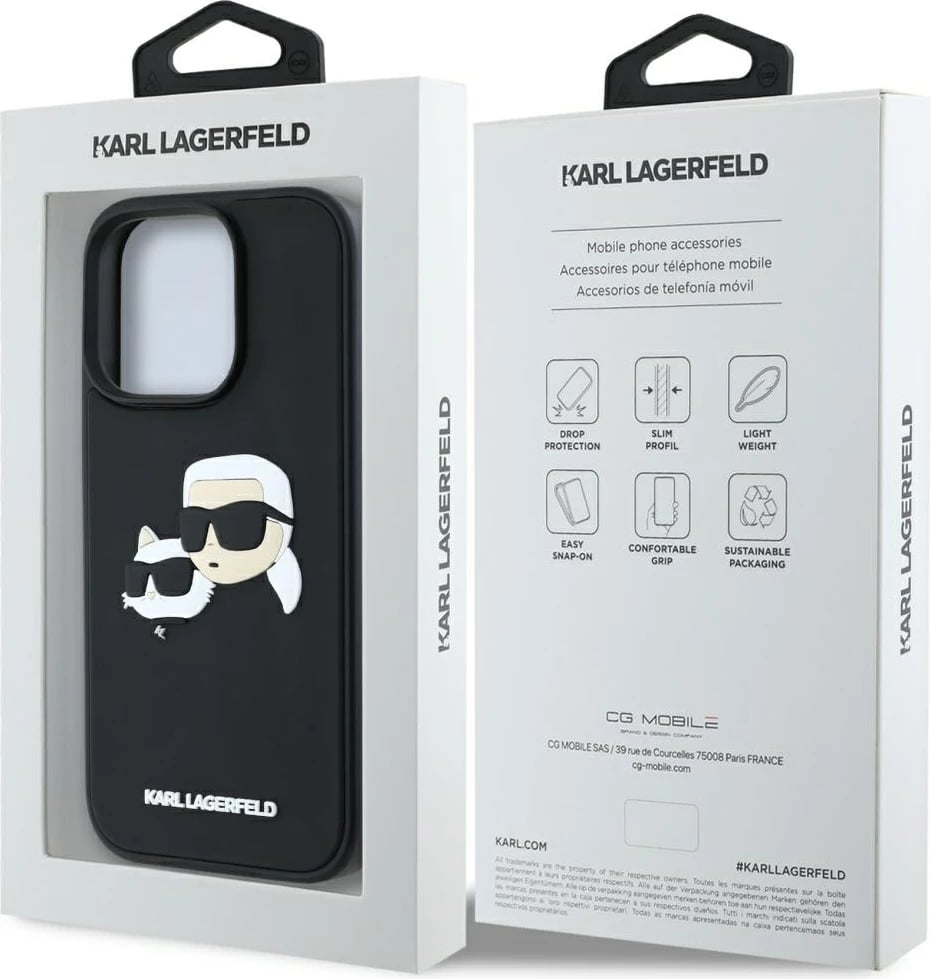 Mbështjellës Karl Lagerfeld HC 3D Rubber Double Heads për iPhone 16 Pro Max, i zi