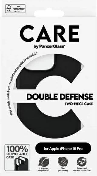 Mbështjellës PanzerGlass CARE Double Defense për iPhone 16 Pro, Zi
