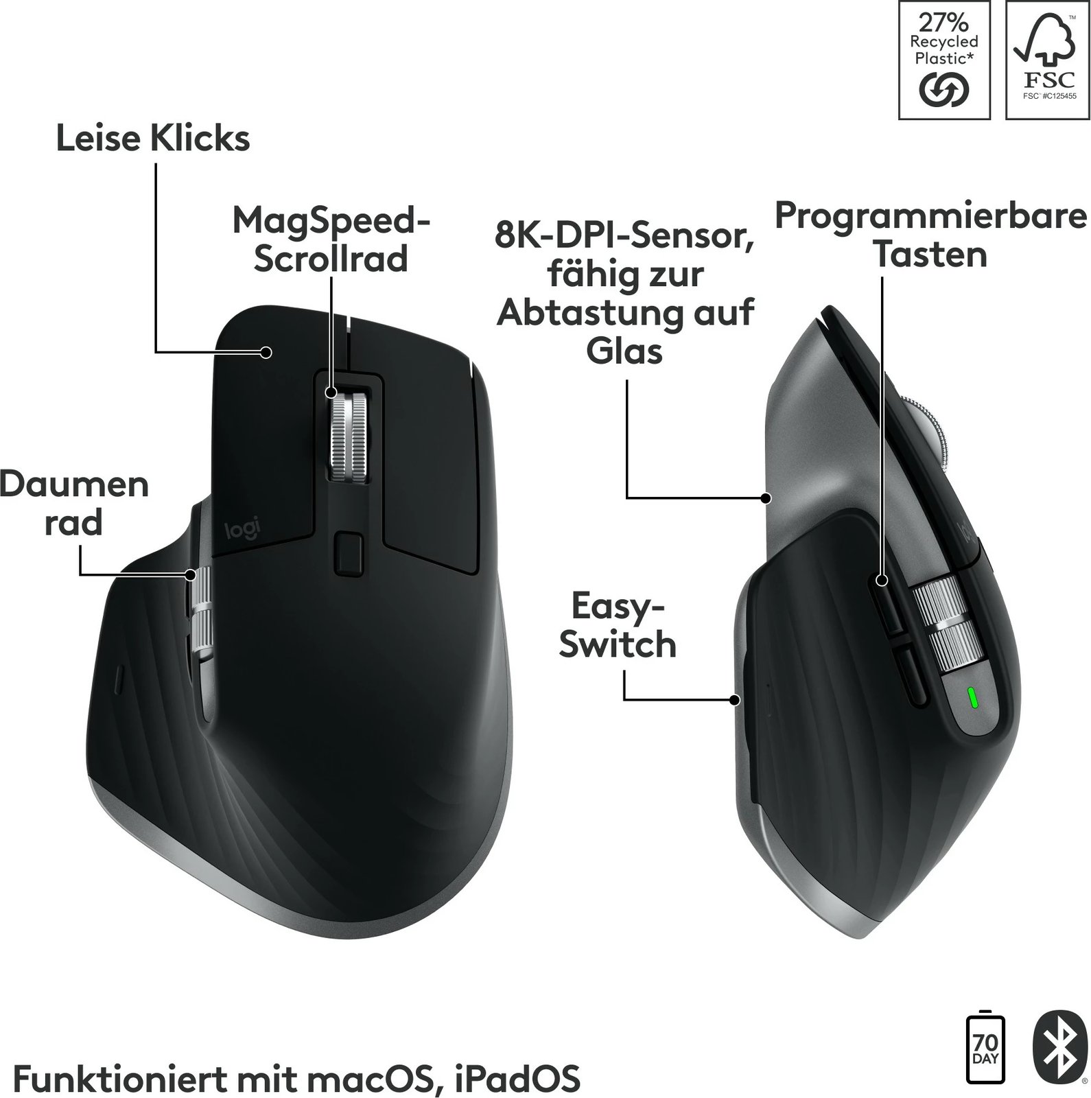 Komplet tastierë dhe maus Logitech MX Keys S për Mac, Pa kabllo, RF Wireless + Bluetooth, Ndërprerës çelësash gërshërë, QWERTZ, LED, Alumini, E zezë