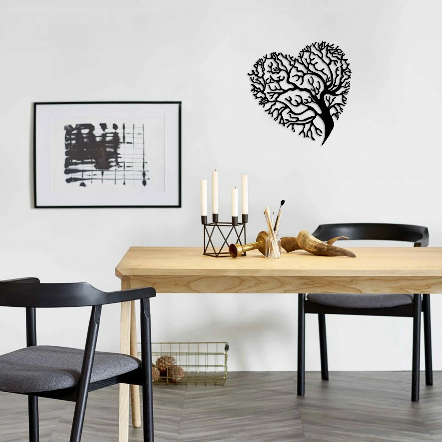 Aksesor dekorativ metalik për mur, Wallity, Kalp Agaç, ngjyrë e zezë, 70x70cm