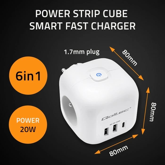 Prizë shumëfunksionale Qoltec 52548, 3x AC, 2x USB, 1x USB-C PD 20W, Bardhë