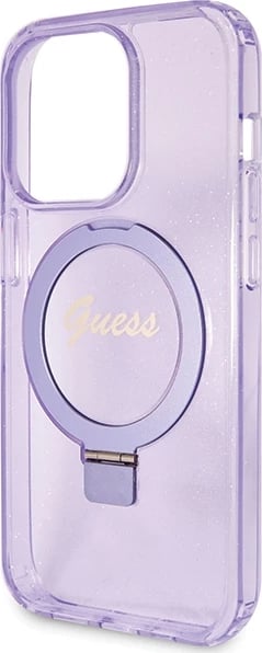 Mbështjellës Guess Ring Stand Script Glitter MagSafe për iPhone 15 Pro, vjollcë