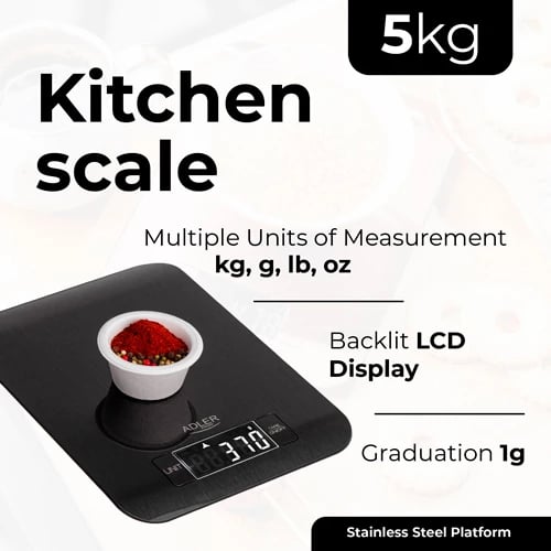 Peshore kuzhine, Adler AD 3183, kapacitet 5 kg, saktësi 1 g, ekran LCD me ndriçim, platformë çelik inox, e zezë