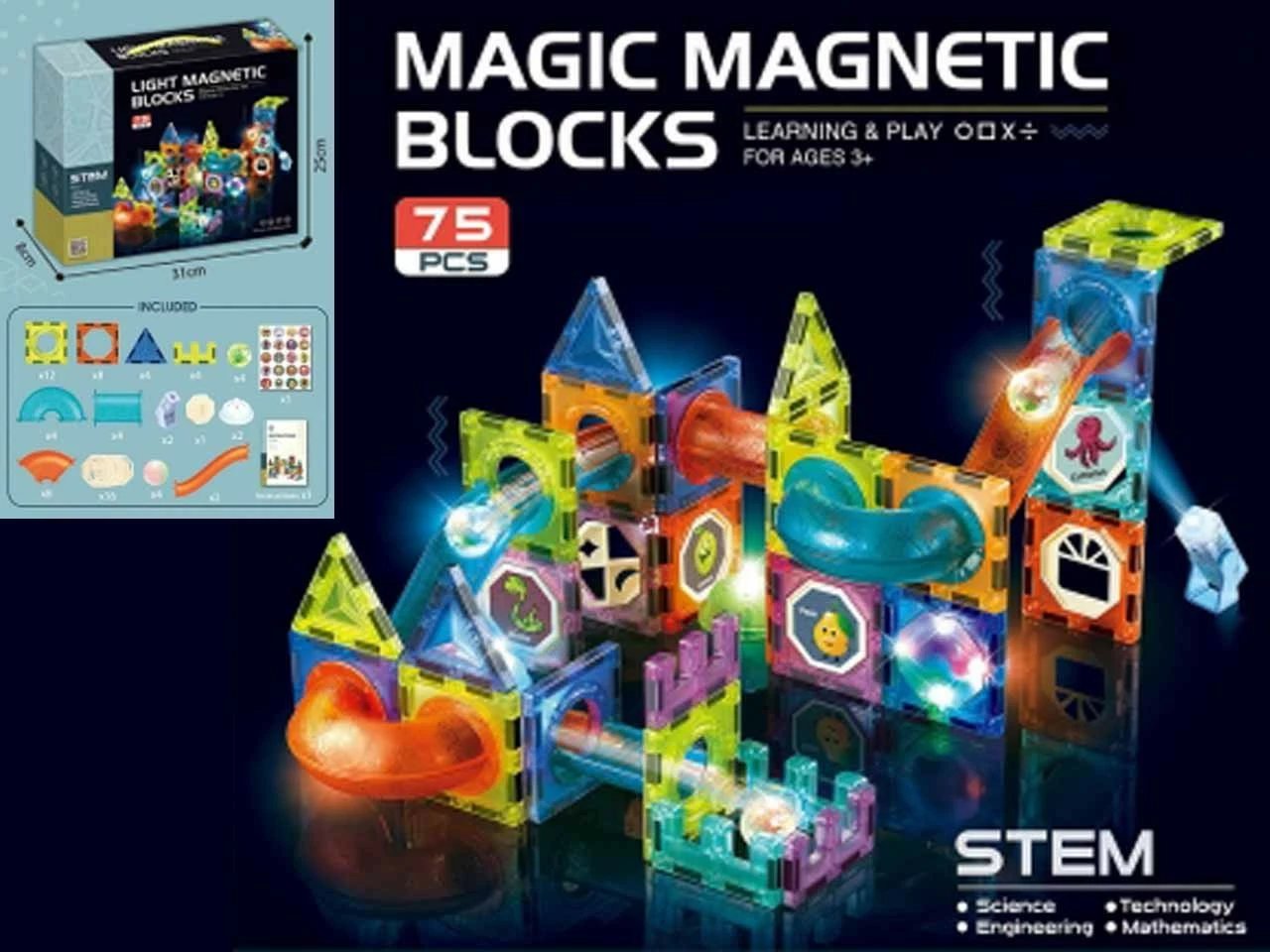Blloqe magnetike me drita, Madej, Magic Magnetic Blocks 013219, me pistë topash dhe LED, 75 copë, shumëngjyrëshe