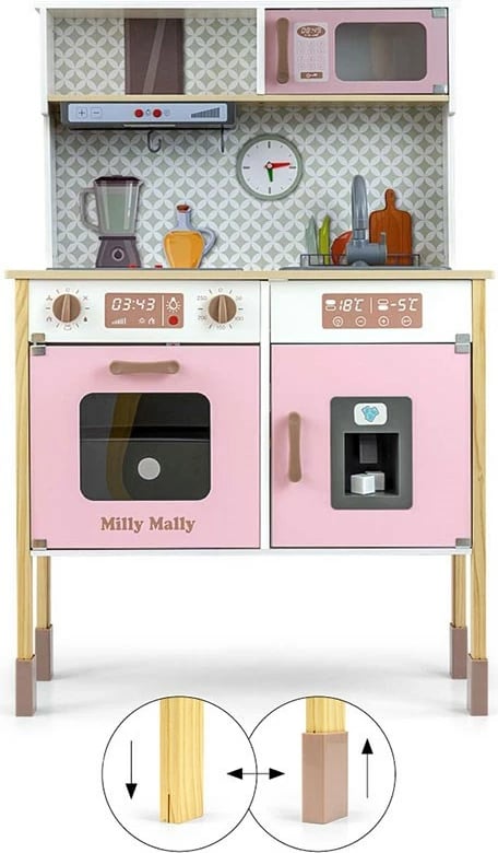 Kuzhinë loje prej druri, Milly Mally, Bjorn, me drita e tinguj, e rregullueshme në lartësi, me aksesorë, rozë