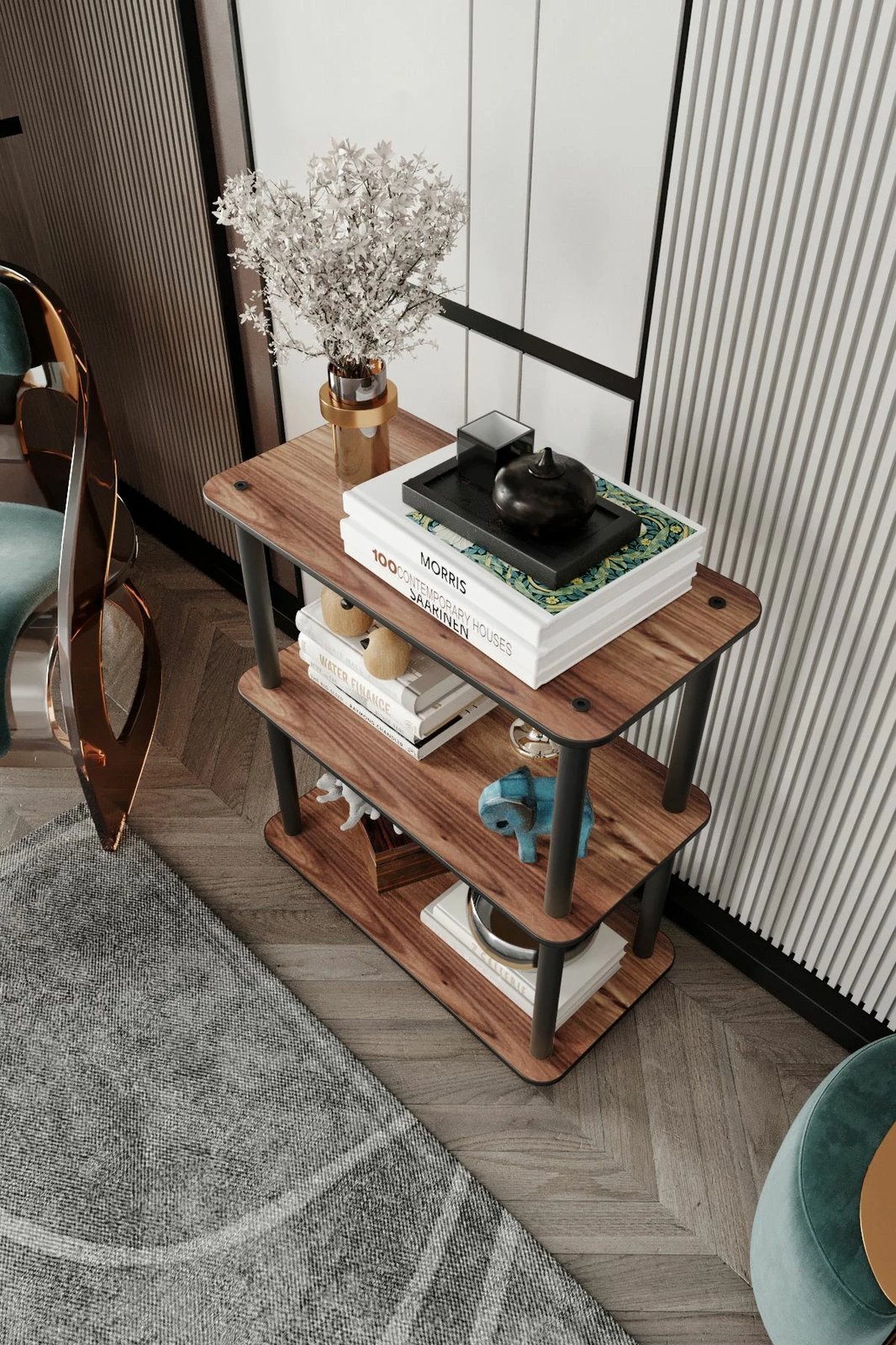 Raft librash Skye Decor, 3 kate, drejtkëndësh, ngjyrë arre